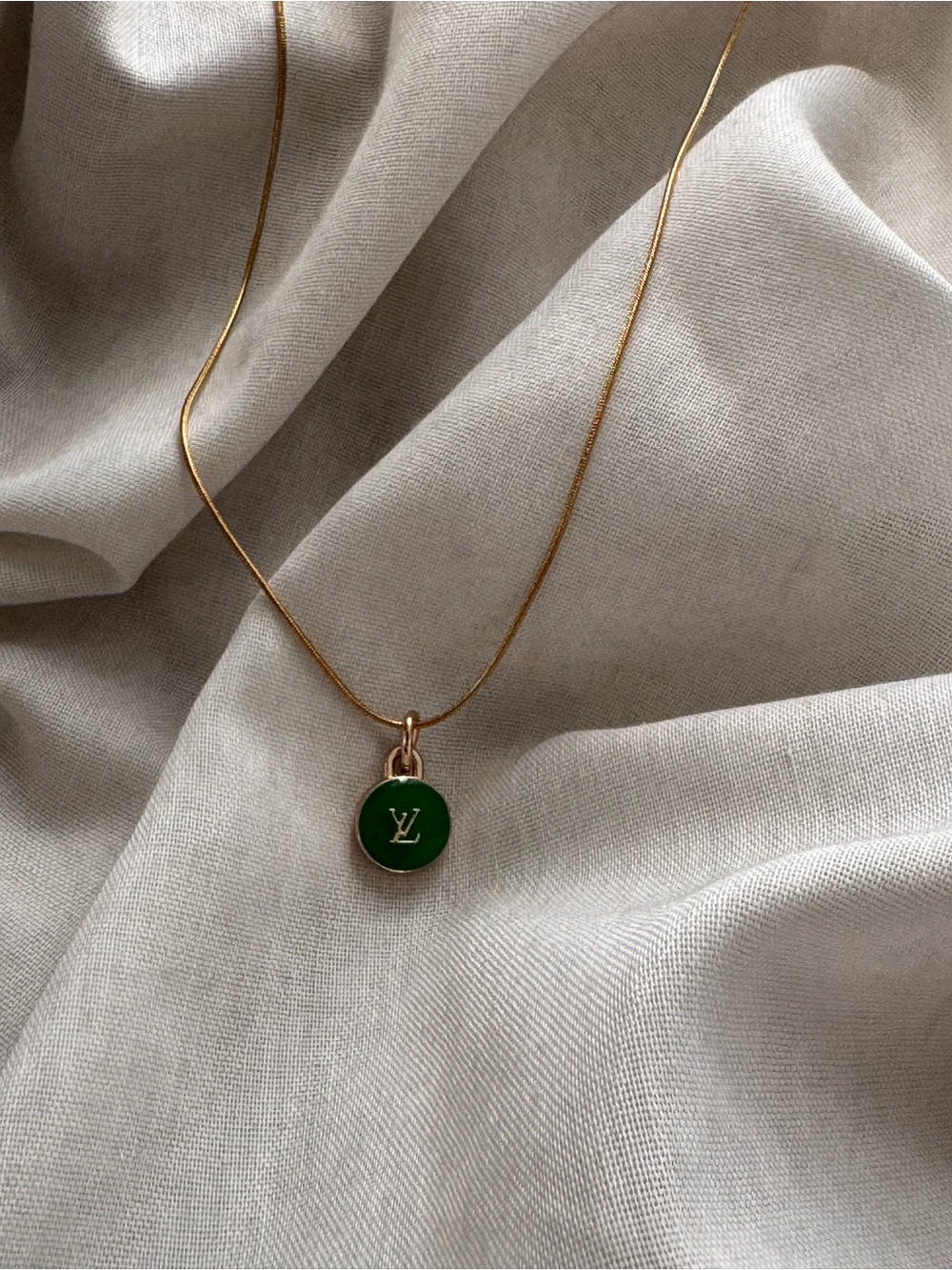Louis Vuitton Gold Monogram Chain Necklace with Green Enamel LV Charm